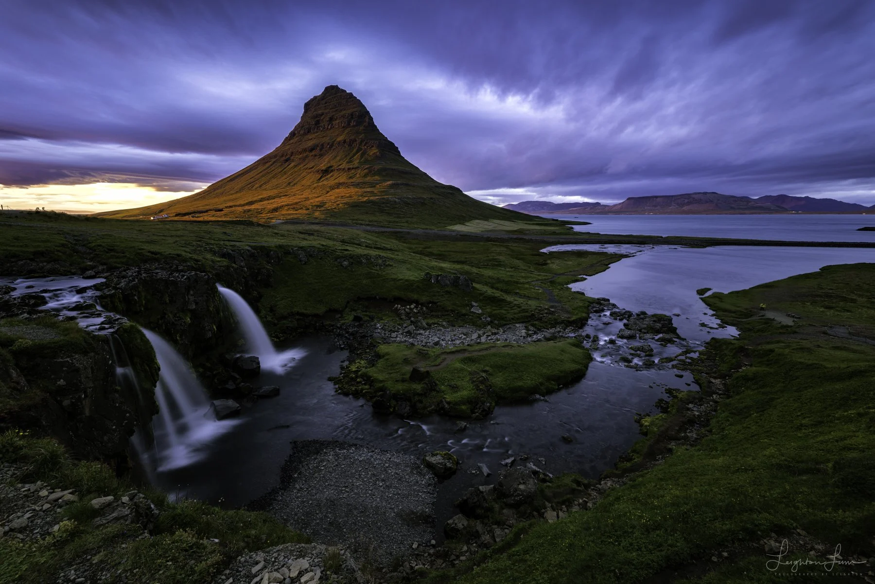 Kirkjufell mountain and waterfall under a dusk sky, Iceland