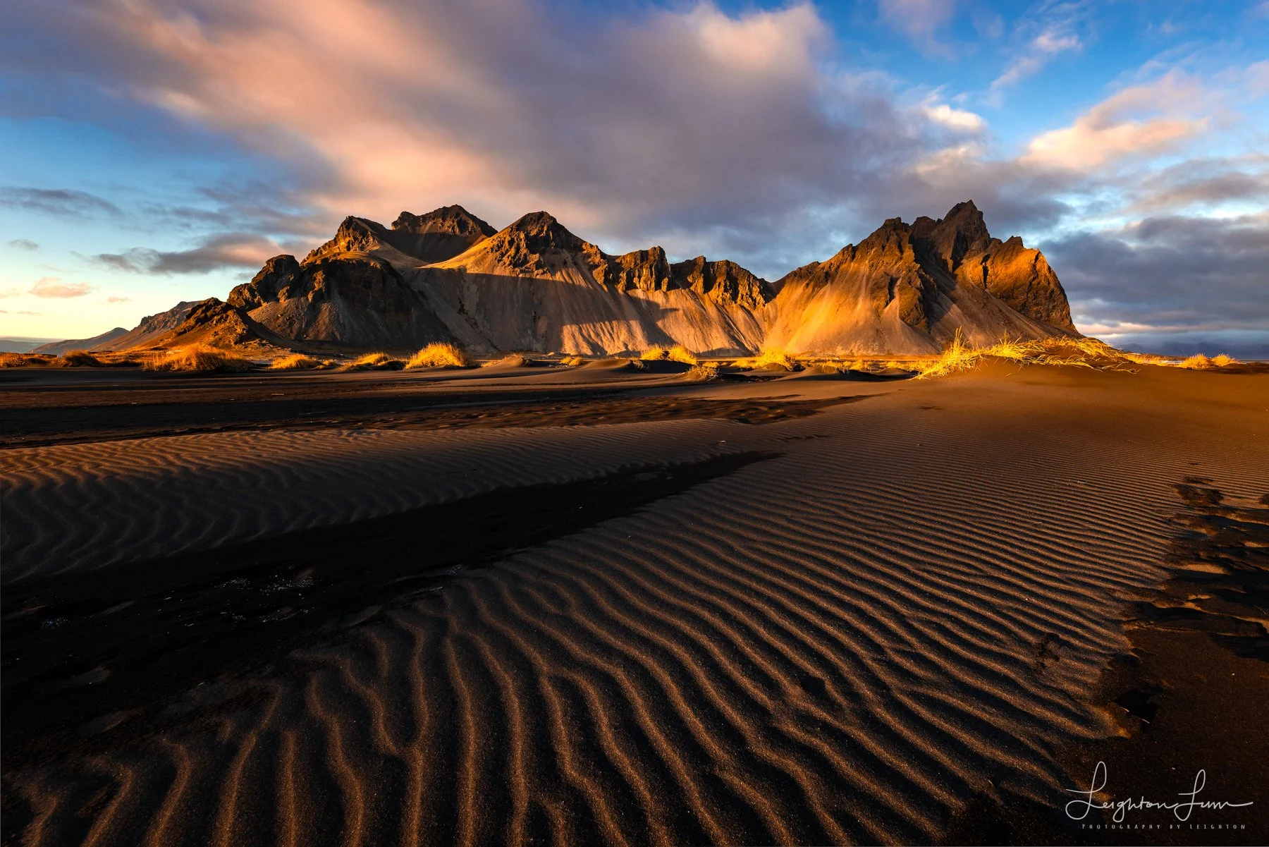 Vestrahorn mountain at sunset over black sand dunes, Stokksnes, Iceland