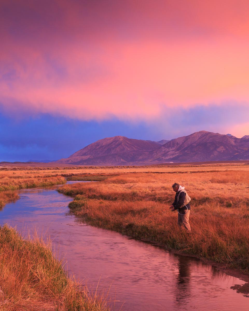 A photographer at sunset on a High Sierra meadow stream