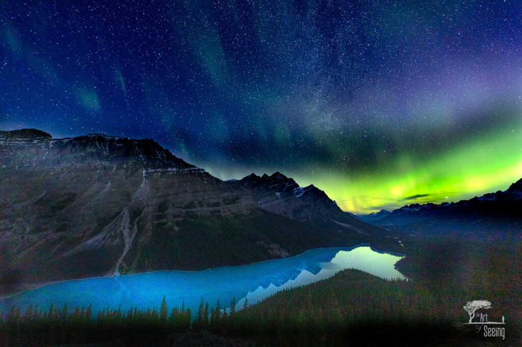 Aurora over a mountain lake