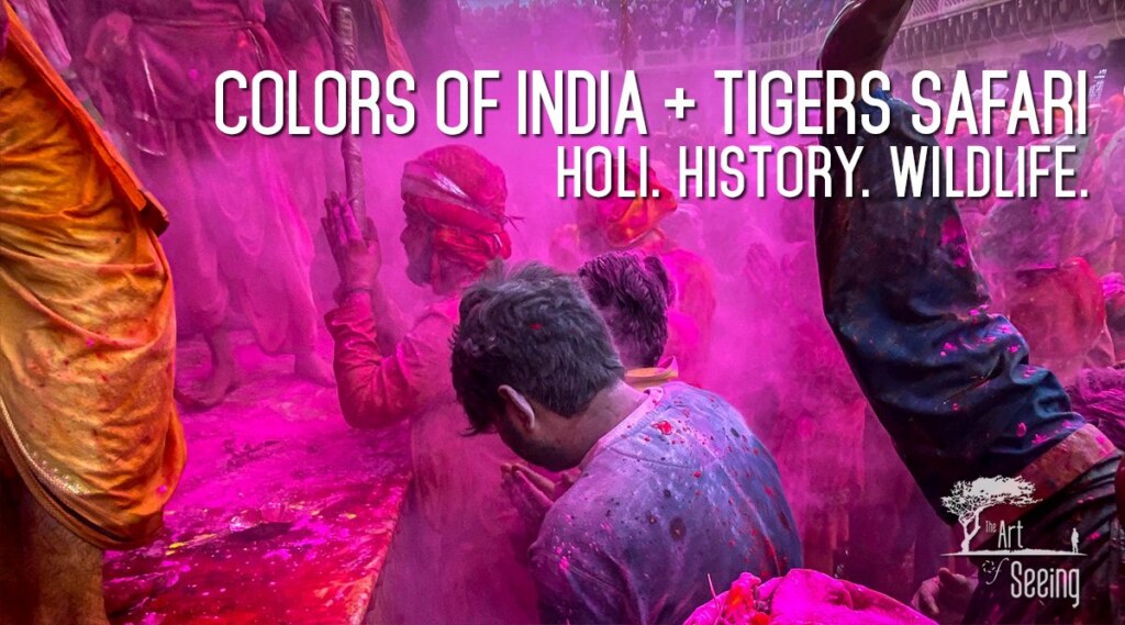 Faces and clothes drenched in pink powder in the crush of the Holi festival