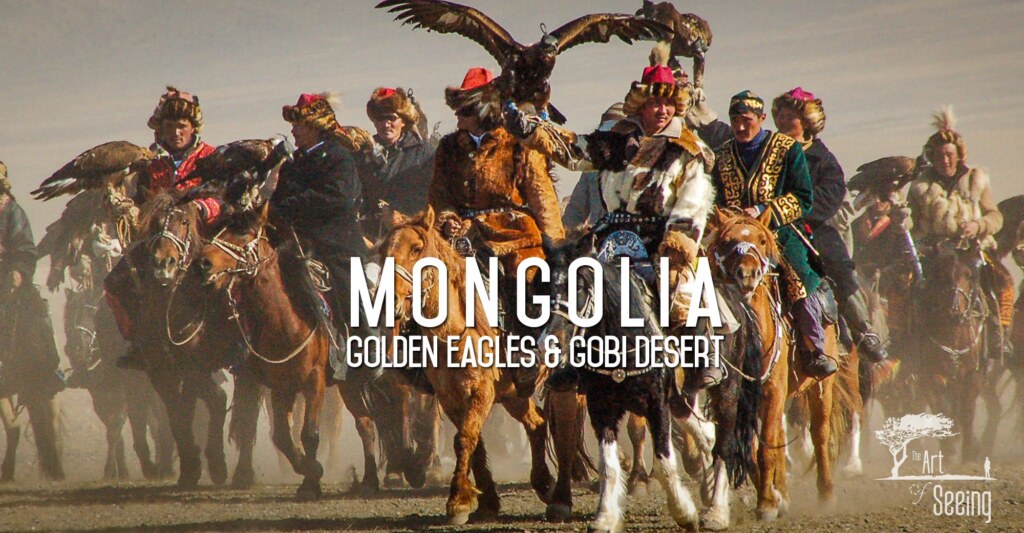 Mongolian eagle hunters riding abreast, golden eagles on their arms