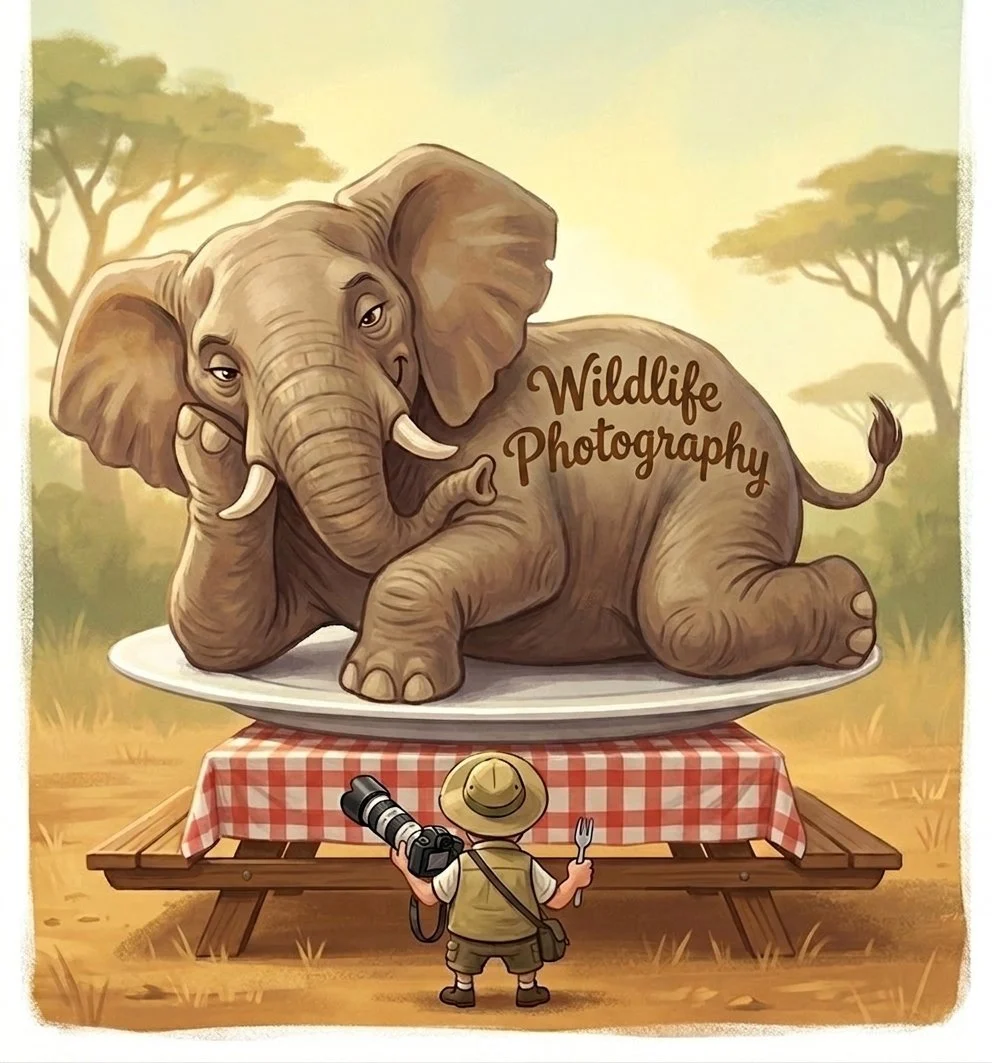 Illustration of a tiny wildlife photographer aiming a long lens at an elephant served on a dinner plate, lettered Wildlife Photography